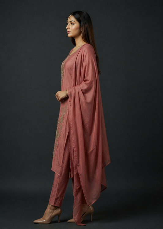 Dusty Rose Floral Embroidered Kurta Pant Set with Dupatta