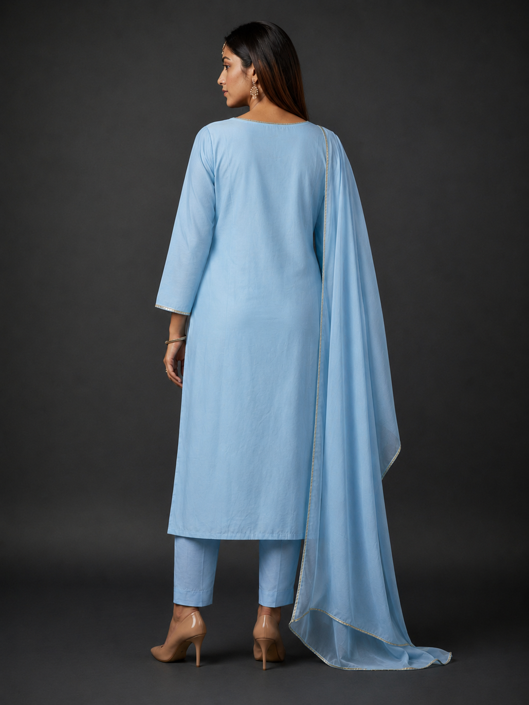 Sky Blue Floral Embroidered Kurta Pant Set with Dupatta for Women