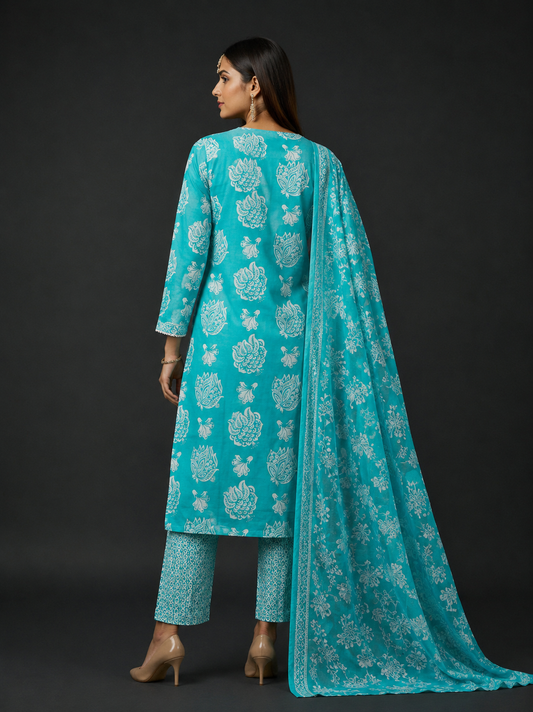 Aqua Blue Floral Printed Kurta Set with Dupatta
