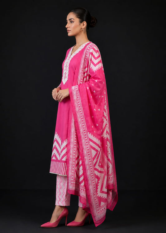 Hot Pink Printed Cotton Kurta Pant & Dupatta Set for Women