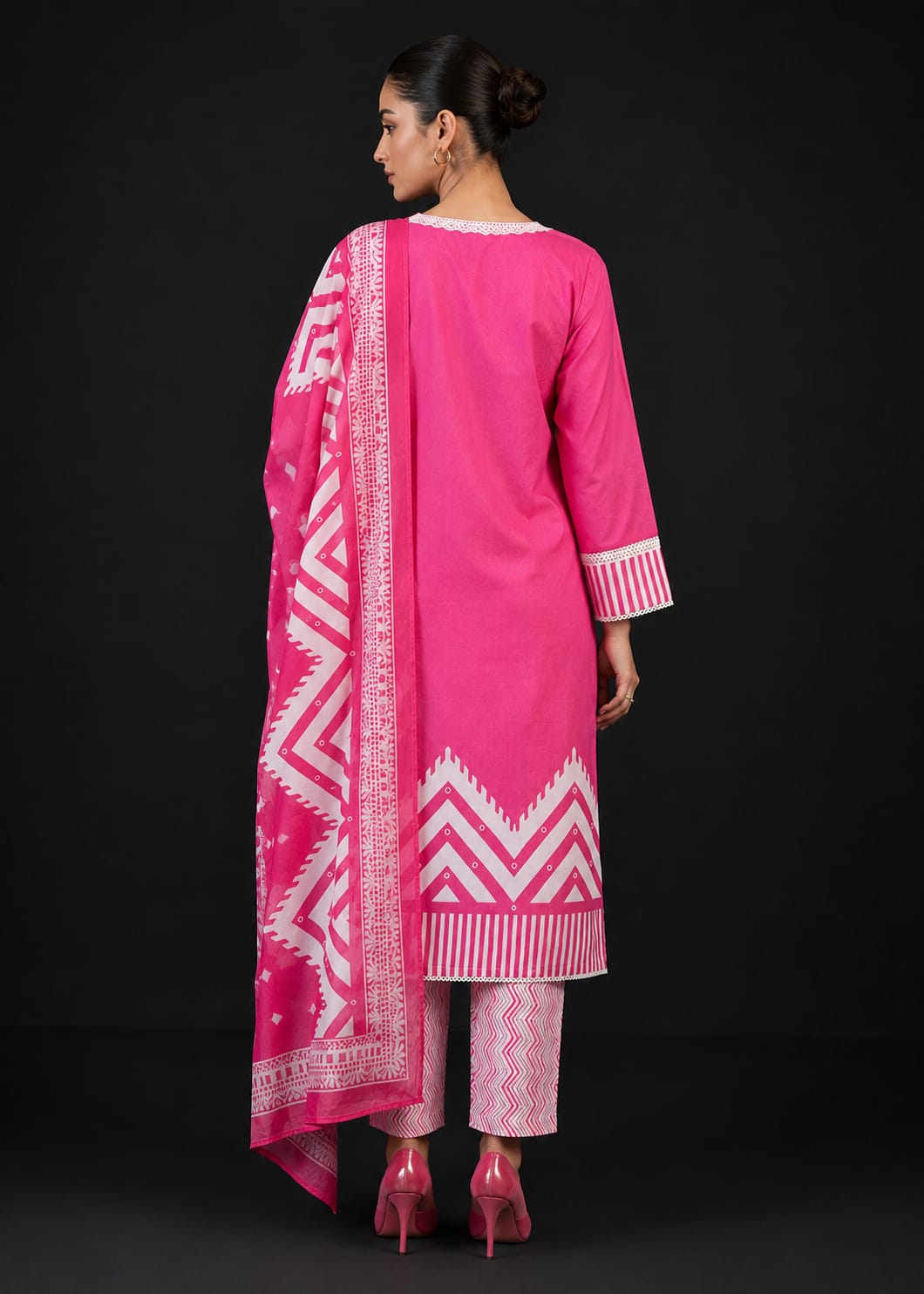 Hot Pink Printed Cotton Kurta Pant & Dupatta Set for Women
