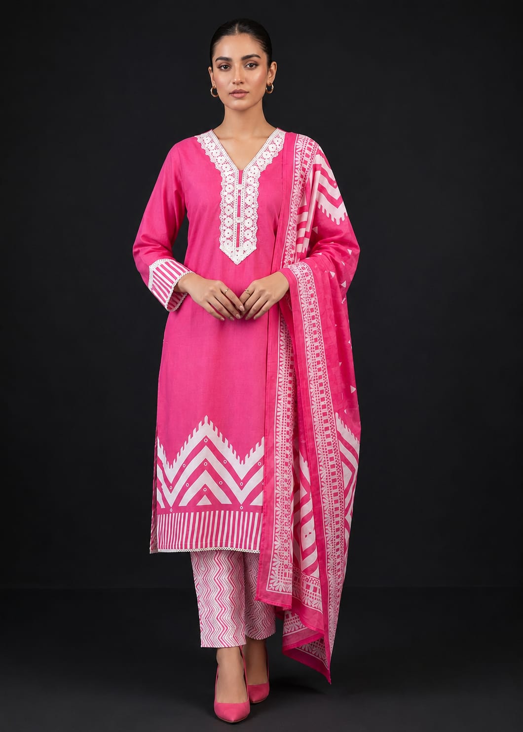 Hot Pink Printed Cotton Kurta Pant & Dupatta Set for Women