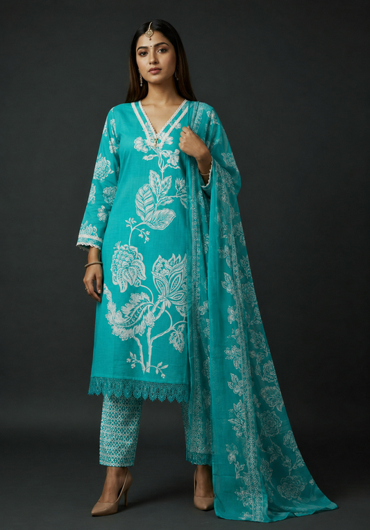 Aqua Blue Floral Printed Kurta Set with Dupatta