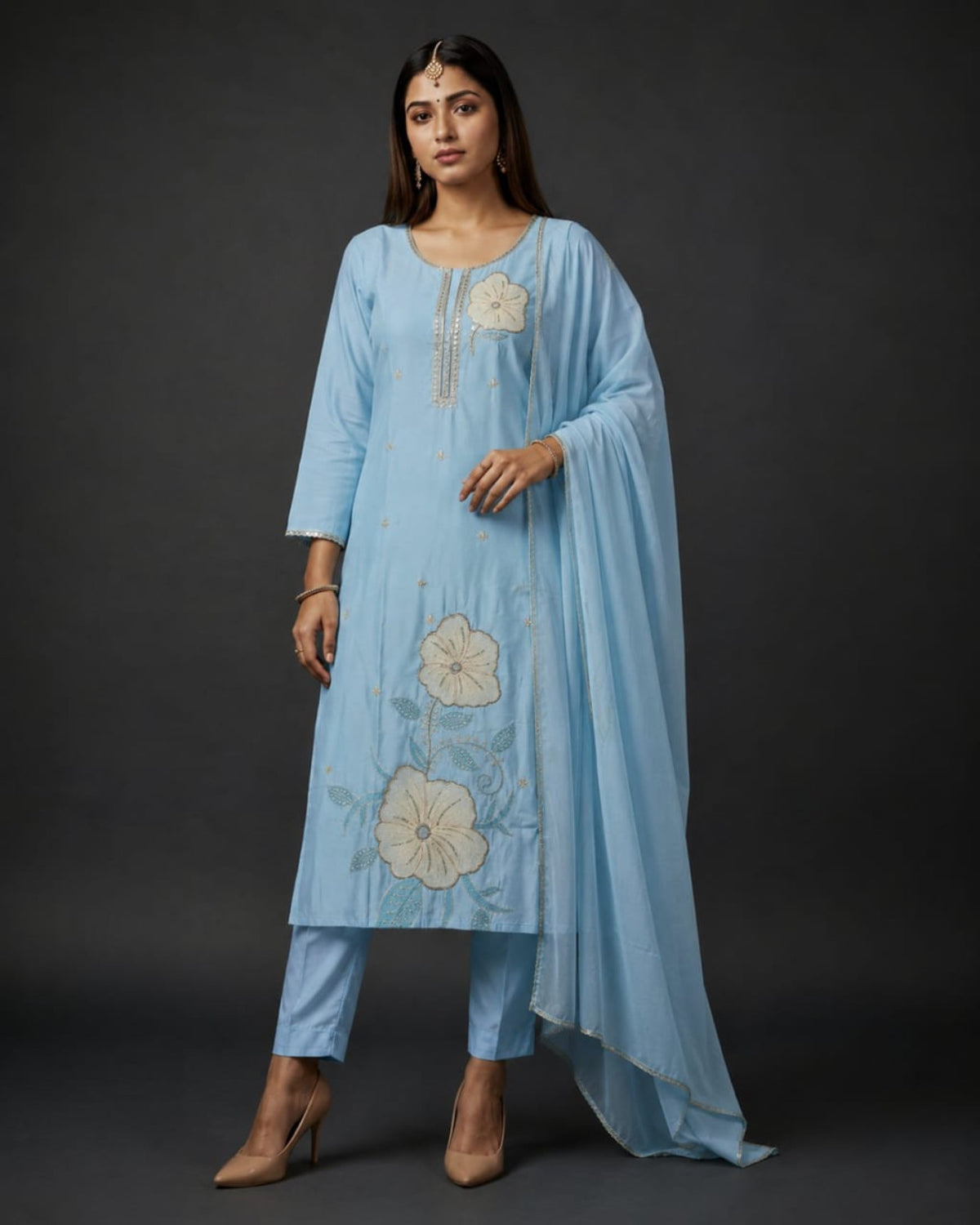 Sky Blue Floral Embroidered Kurta Pant Set with Dupatta for Women