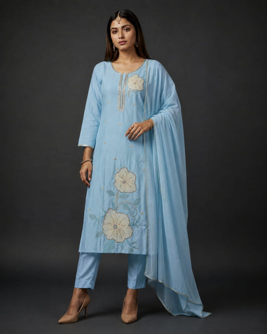 Sky Blue Floral Embroidered Kurta Pant Set with Dupatta for Women