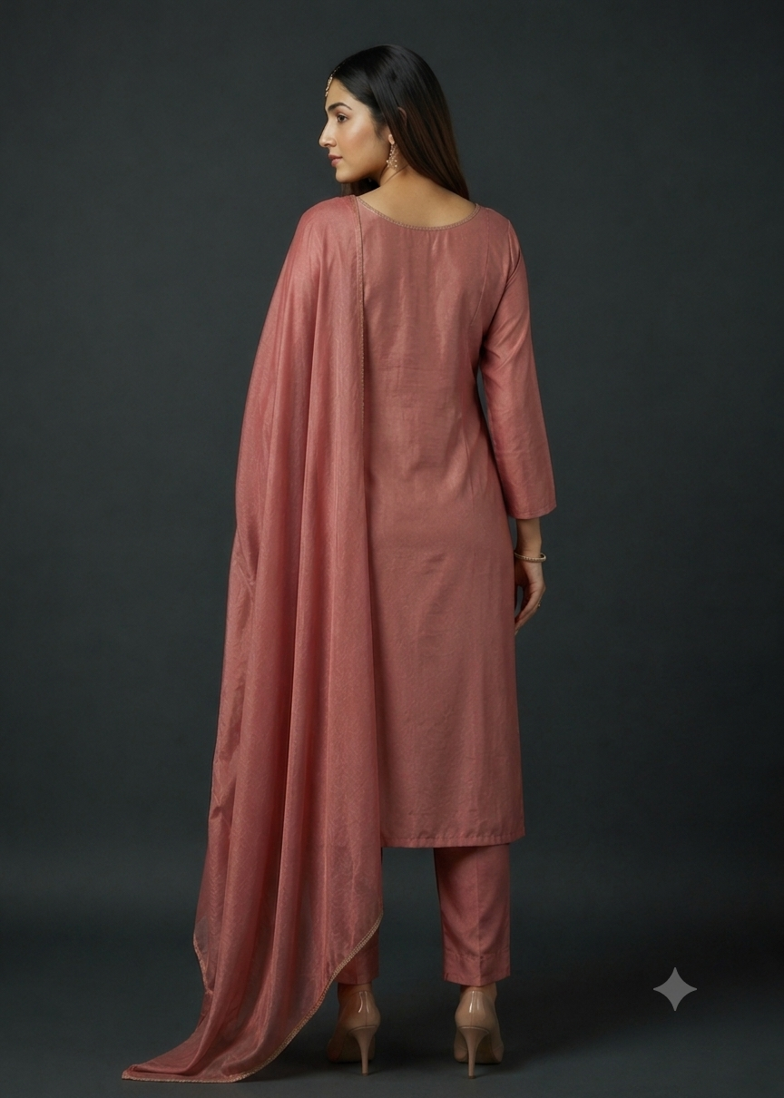Dusty Rose Floral Embroidered Kurta Pant Set with Dupatta