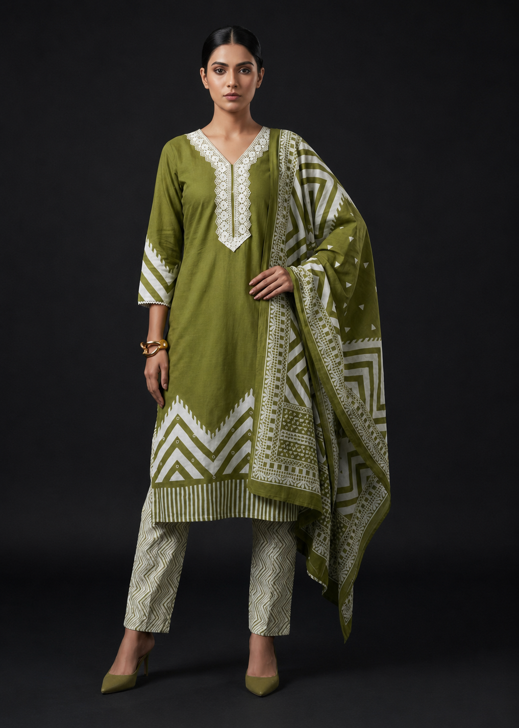 Olive Green Printed Kurta Pant Set with Dupatta for Women
