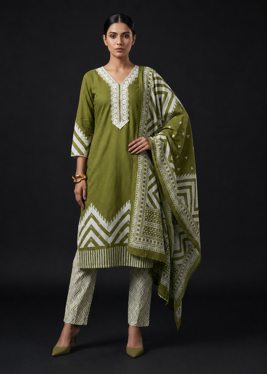 Olive Green Printed Kurta Pant Set with Dupatta for Women