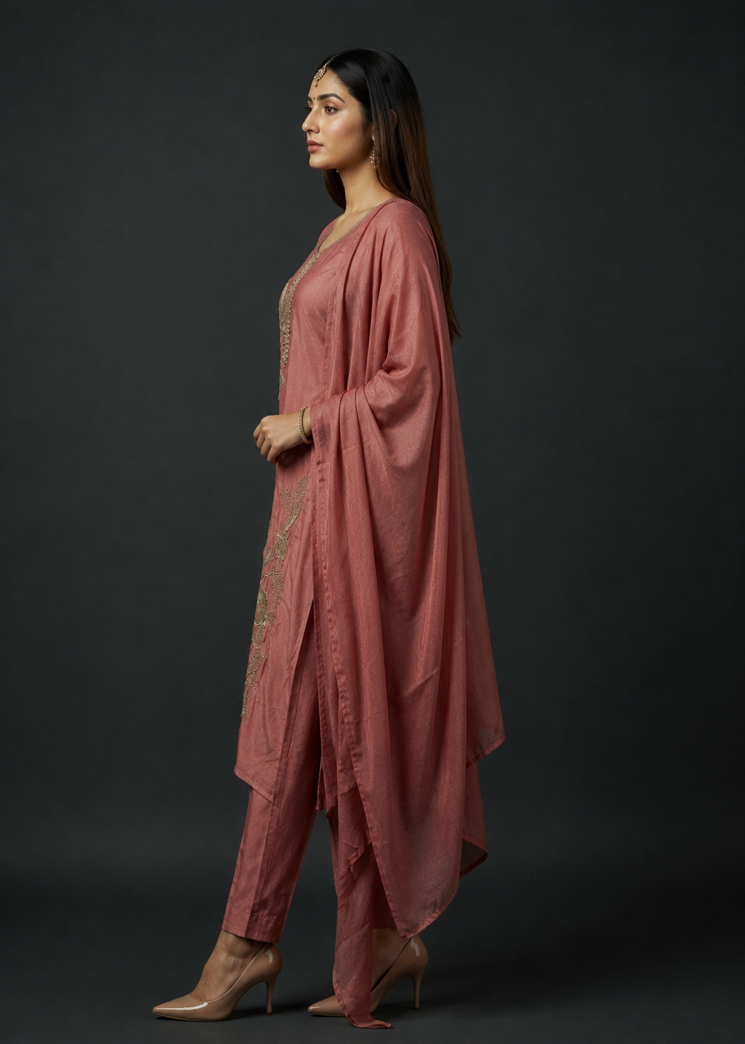 Dusty Rose Floral Embroidered Kurta Pant Set with Dupatta
