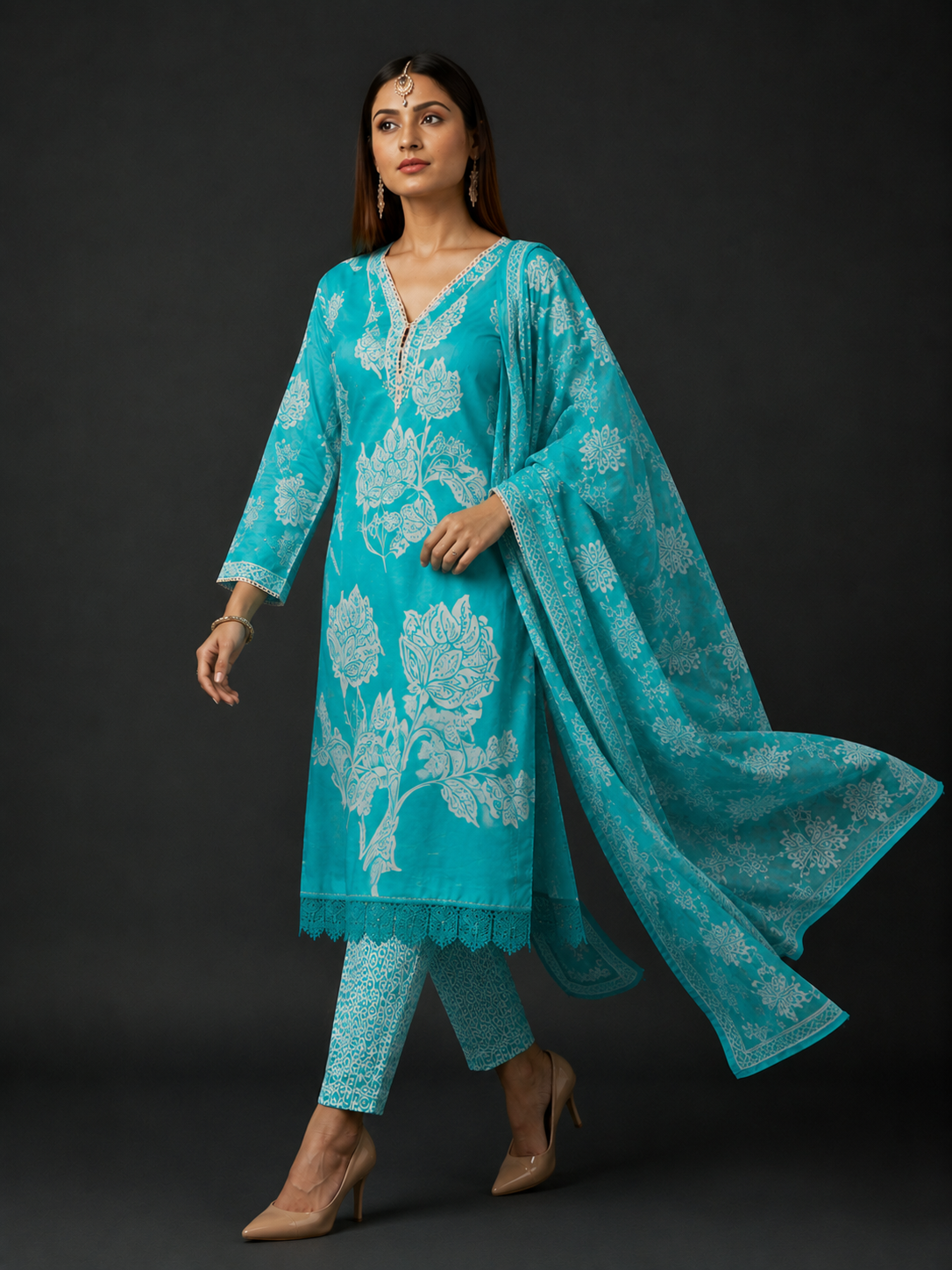 Aqua Blue Floral Printed Kurta Set with Dupatta