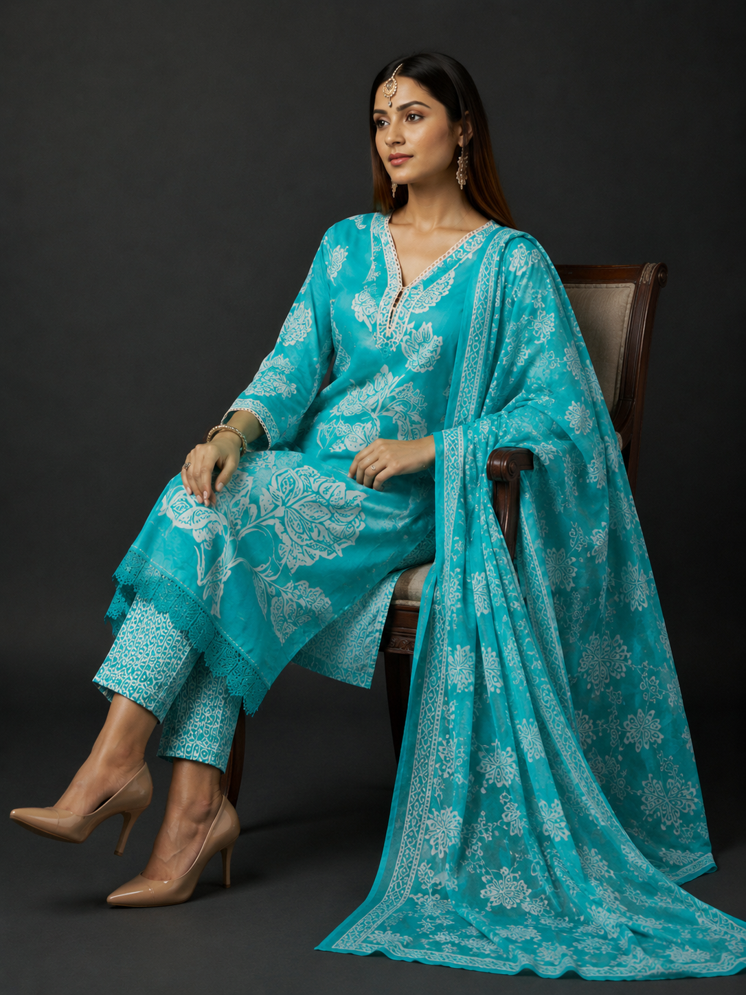 Aqua Blue Floral Printed Kurta Set with Dupatta