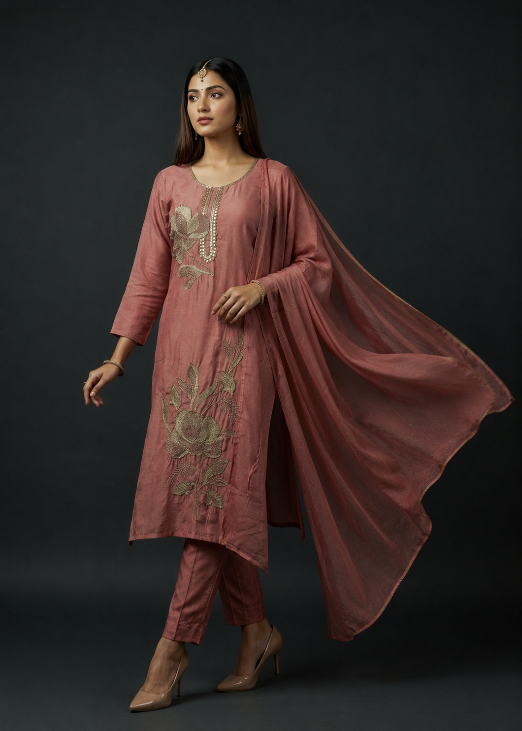 Dusty Rose Floral Embroidered Kurta Pant Set with Dupatta