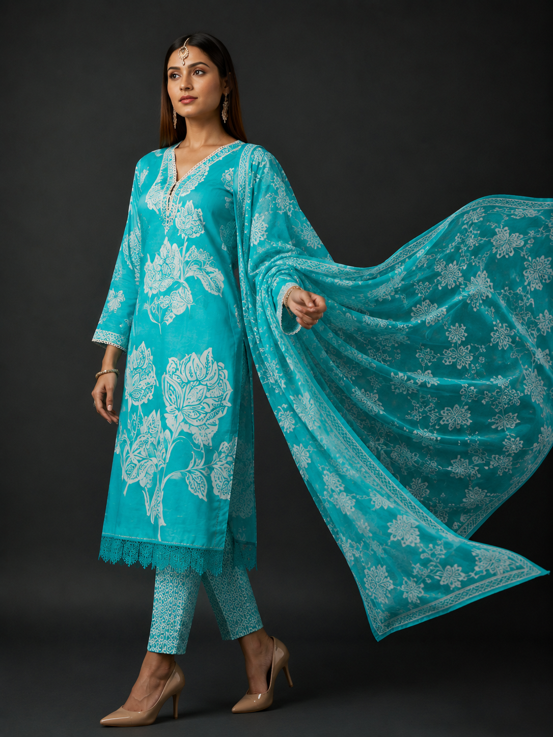 Aqua Blue Floral Printed Kurta Set with Dupatta