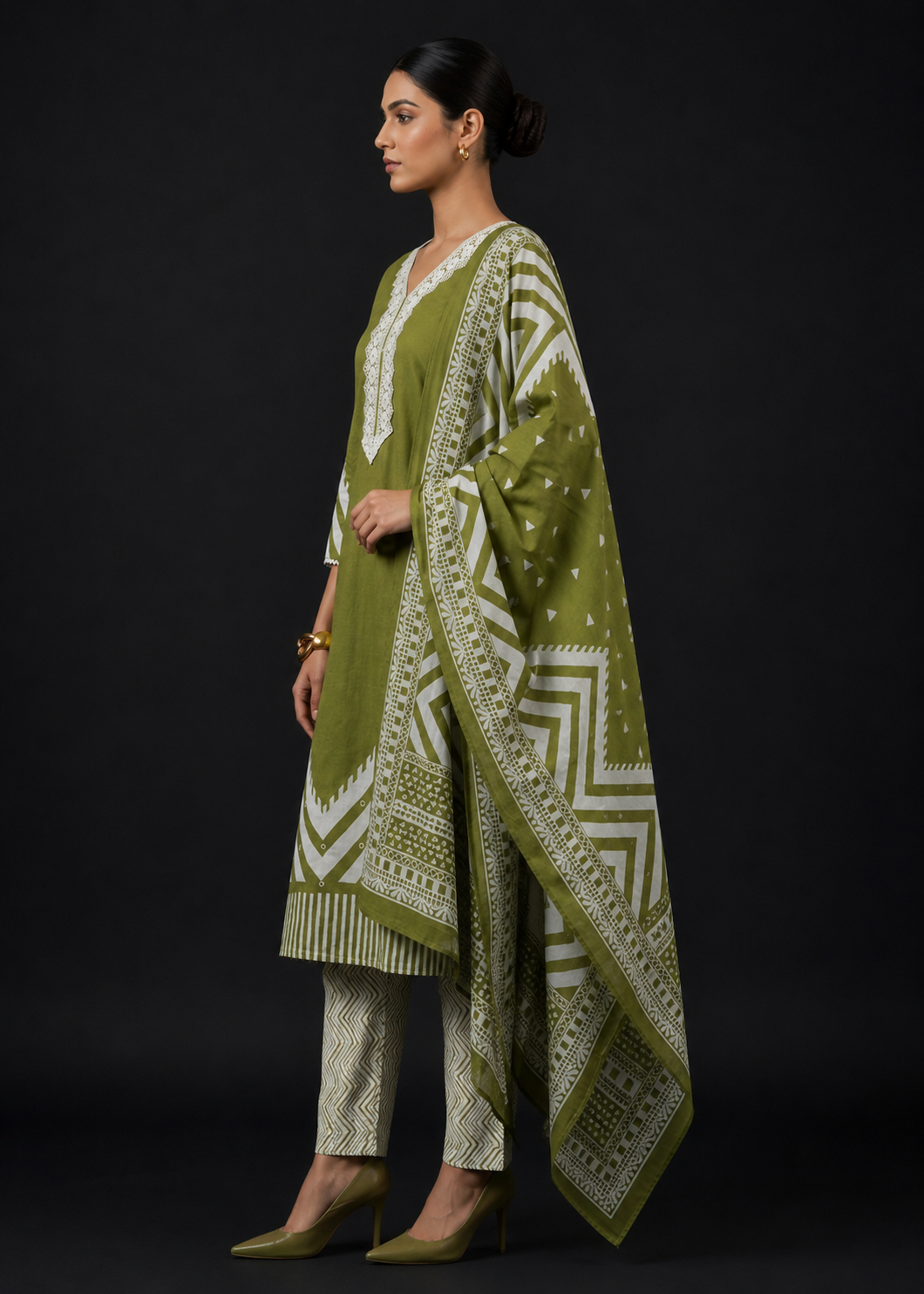Olive Green Printed Kurta Pant Set with Dupatta for Women