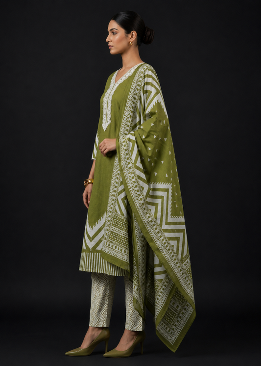 Olive Green Printed Kurta Pant Set with Dupatta for Women