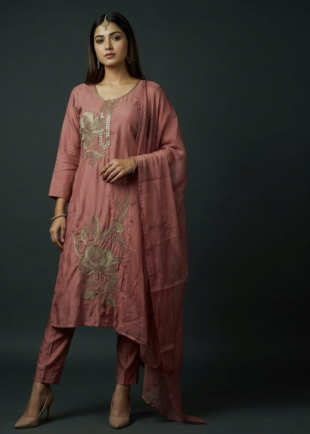 Dusty Rose Floral Embroidered Kurta Pant Set with Dupatta
