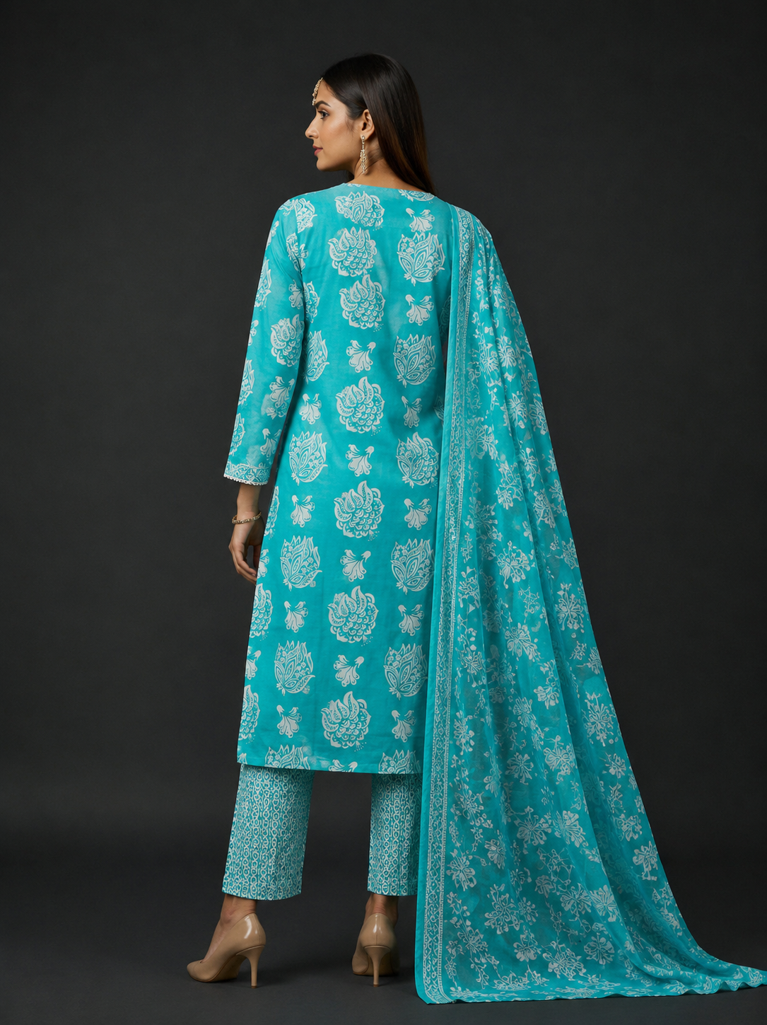 Aqua Blue Floral Printed Kurta Set with Dupatta
