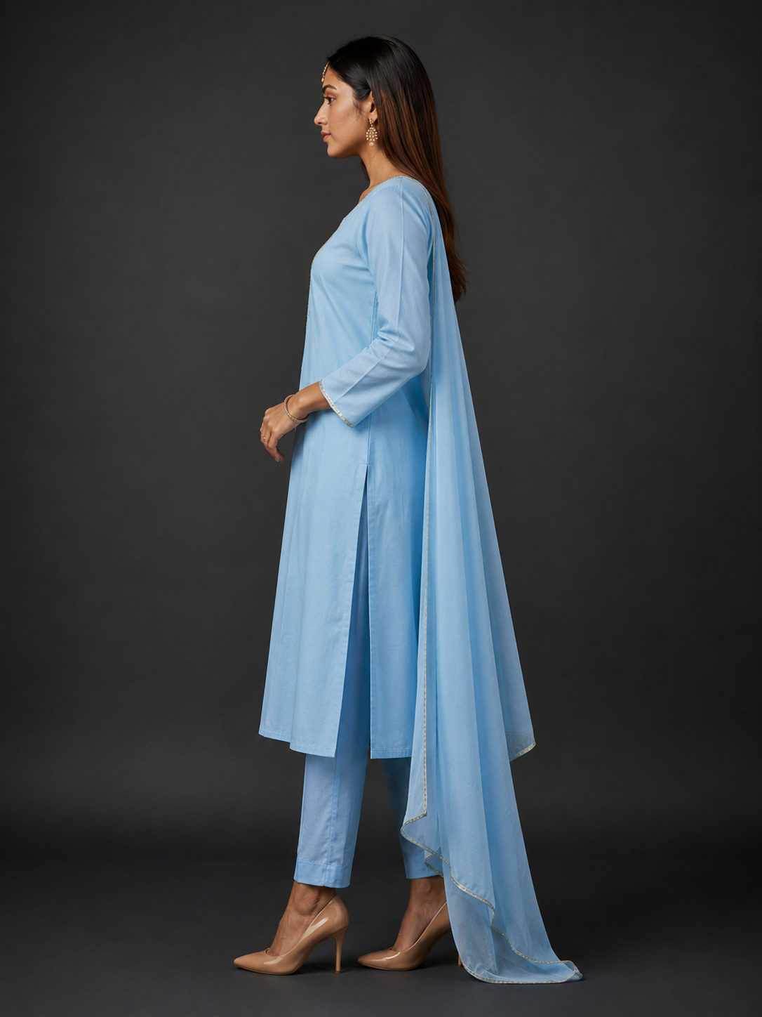 Sky Blue Floral Embroidered Kurta Pant Set with Dupatta for Women