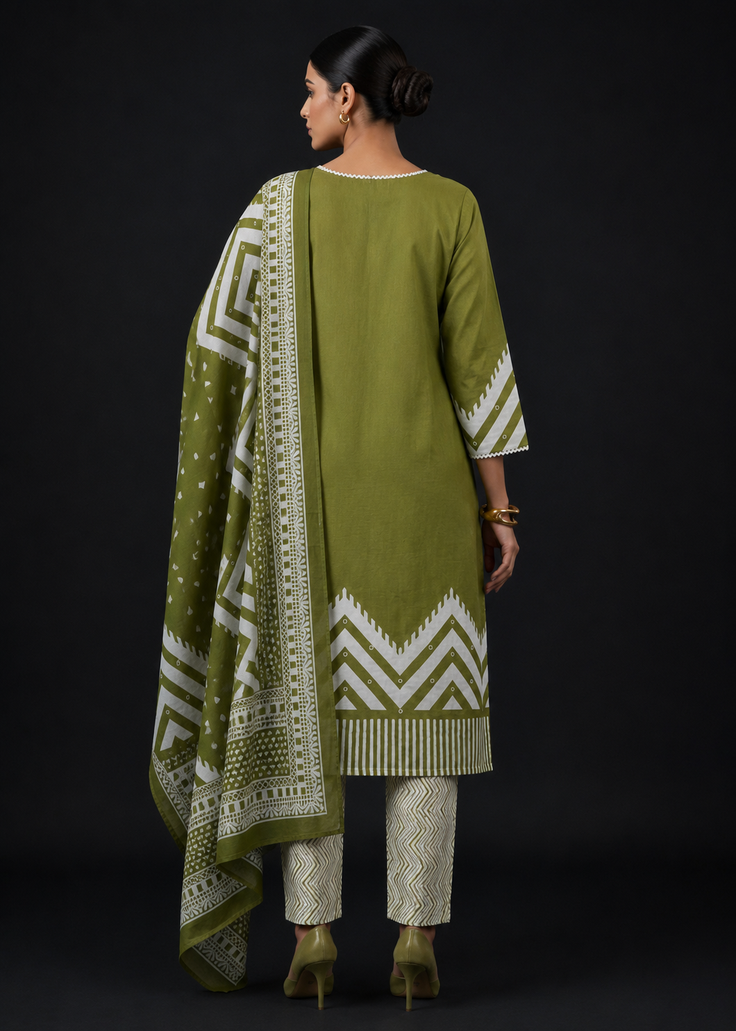 Olive Green Printed Kurta Pant Set with Dupatta for Women