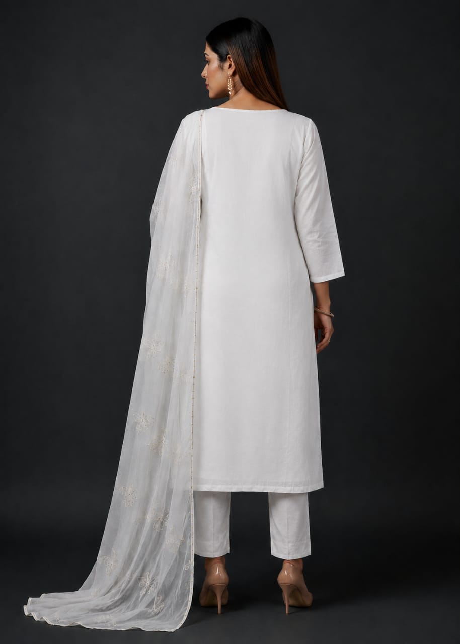 White Embroidered Kurta Pant & Organza Set for