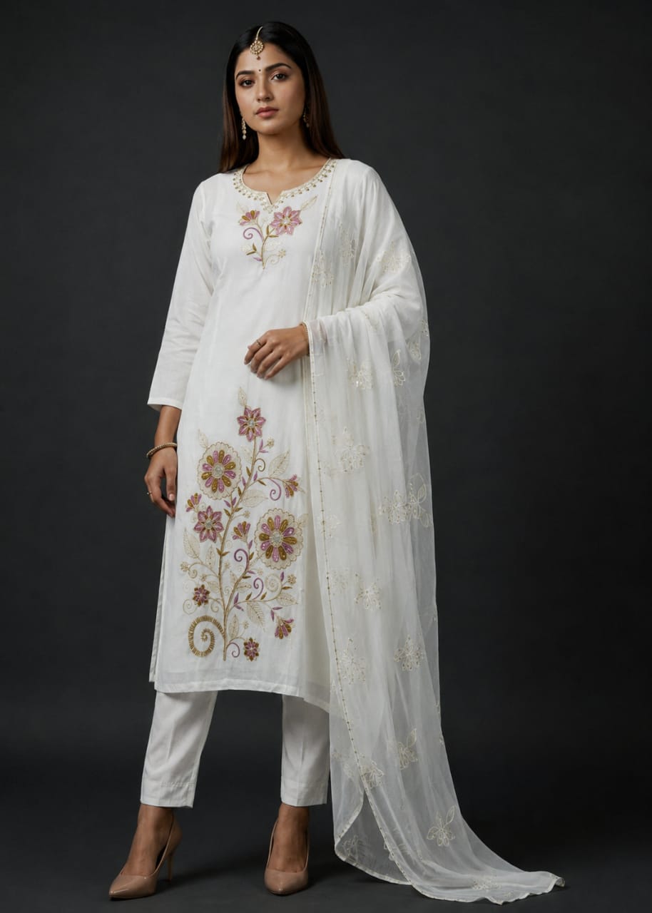 White Embroidered Kurta Pant & Organza Set for