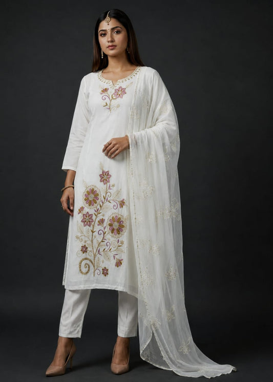 White Embroidered Kurta Pant & Organza Set for