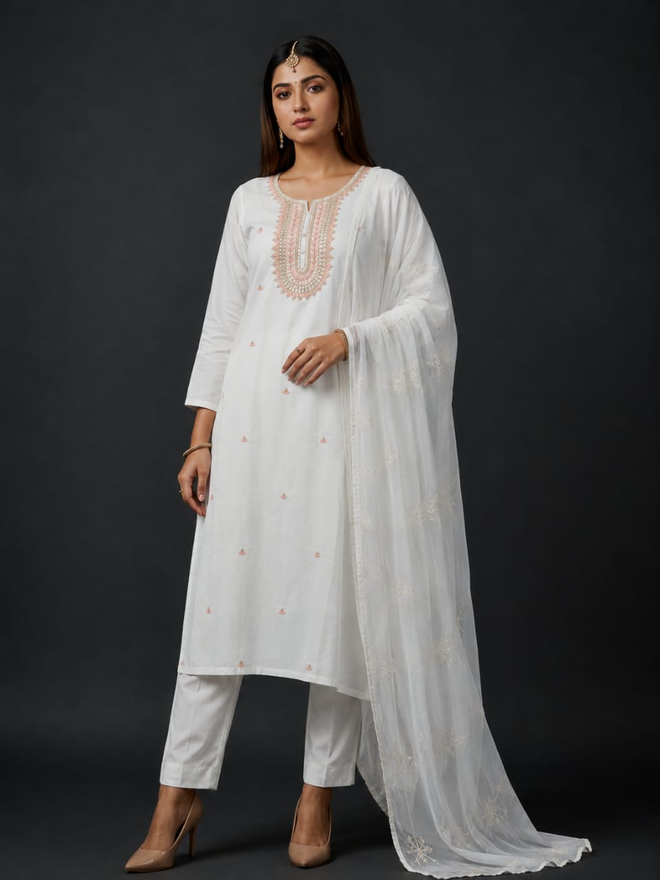 White Floral Printed Cotton Kurta Pant & Dupatta Set