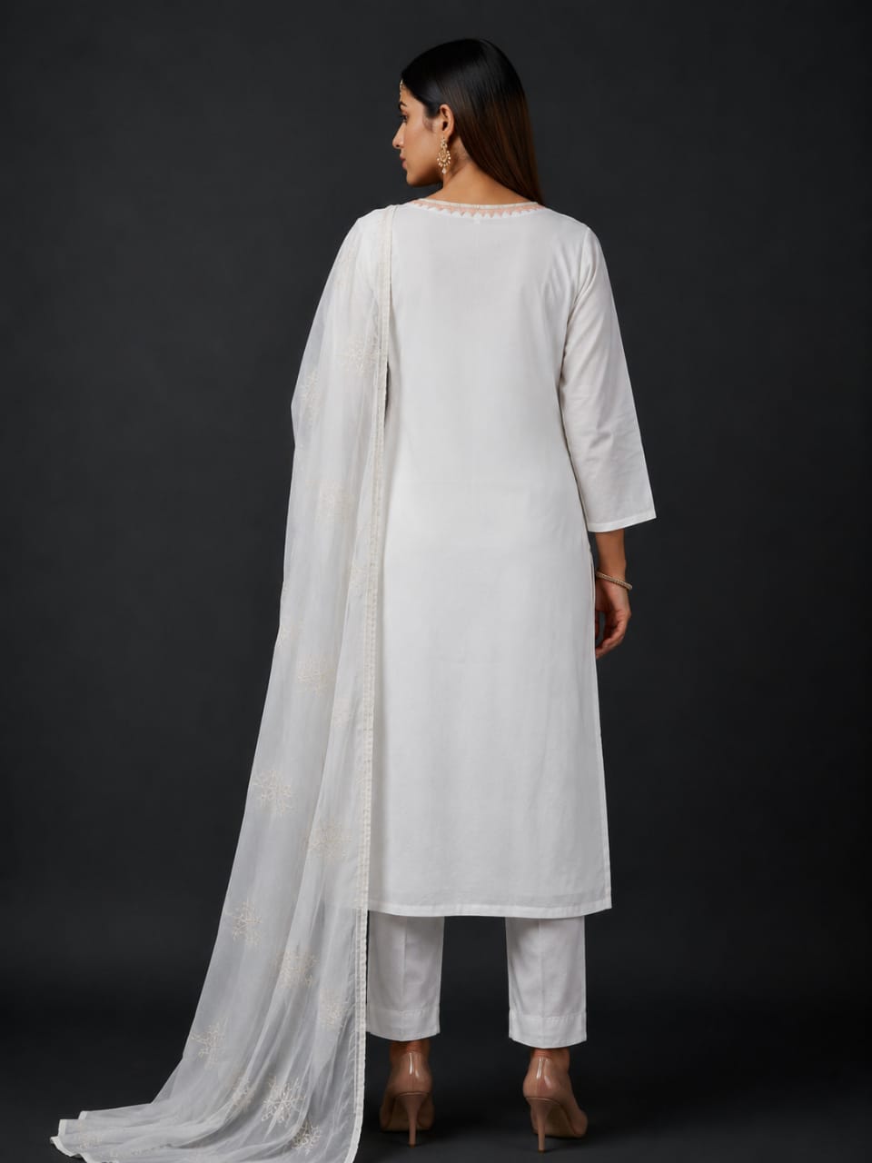 White Floral Printed Cotton Kurta Pant & Dupatta Set