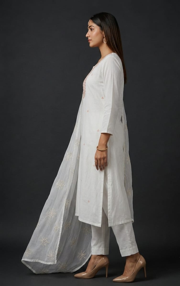 White Floral Printed Cotton Kurta Pant & Dupatta Set