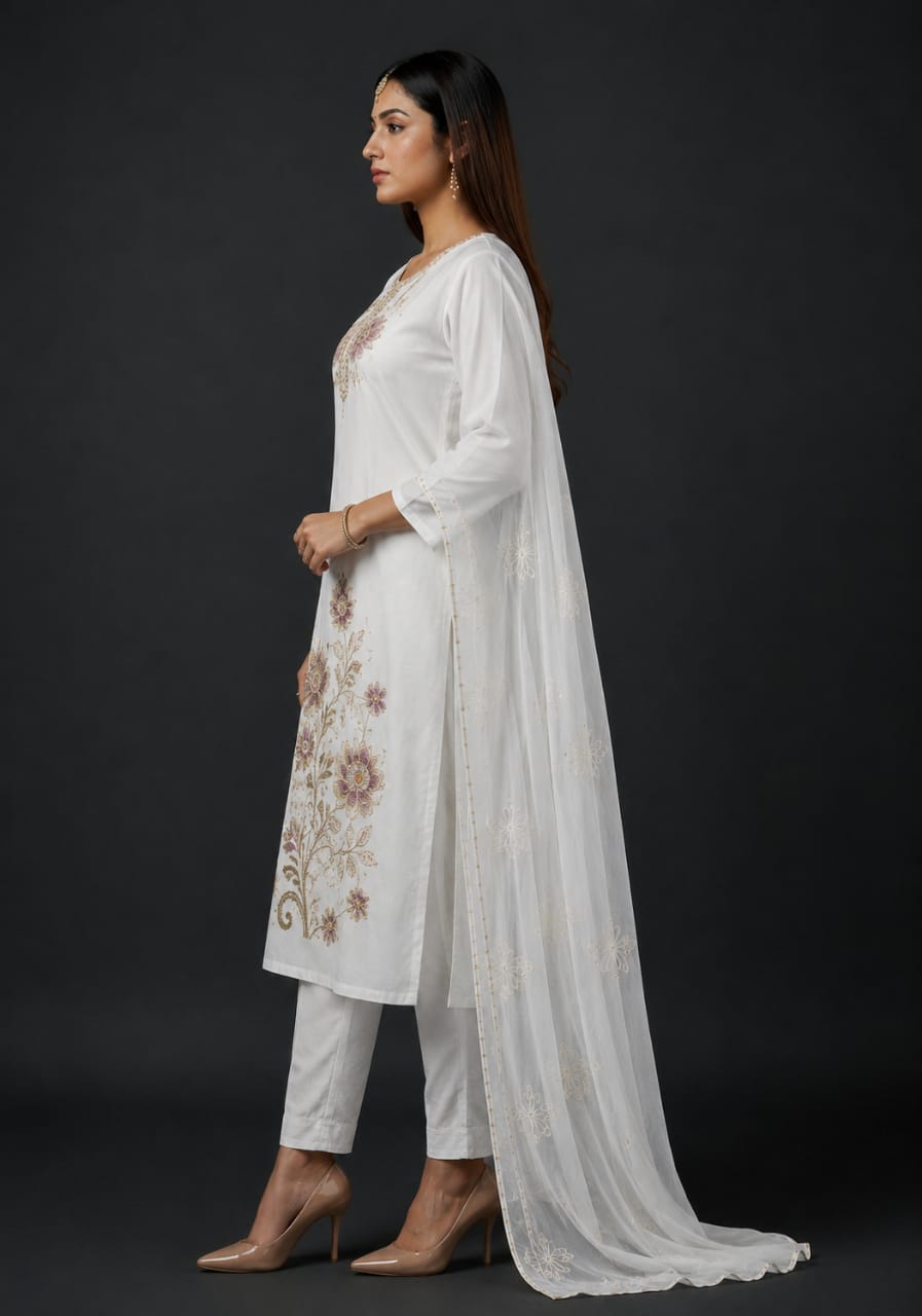 White Embroidered Kurta Pant & Organza Set for